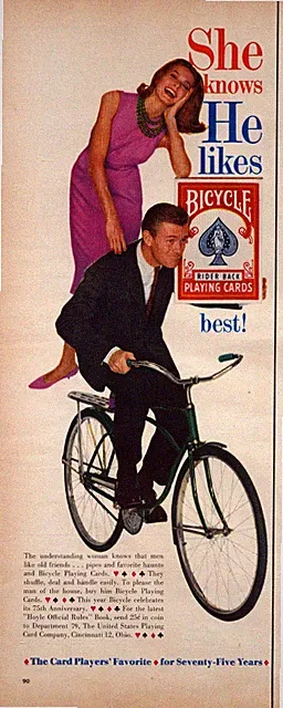 1960 Bicycle Playing Cards Print Ad Rider Pack She Knows He Likes