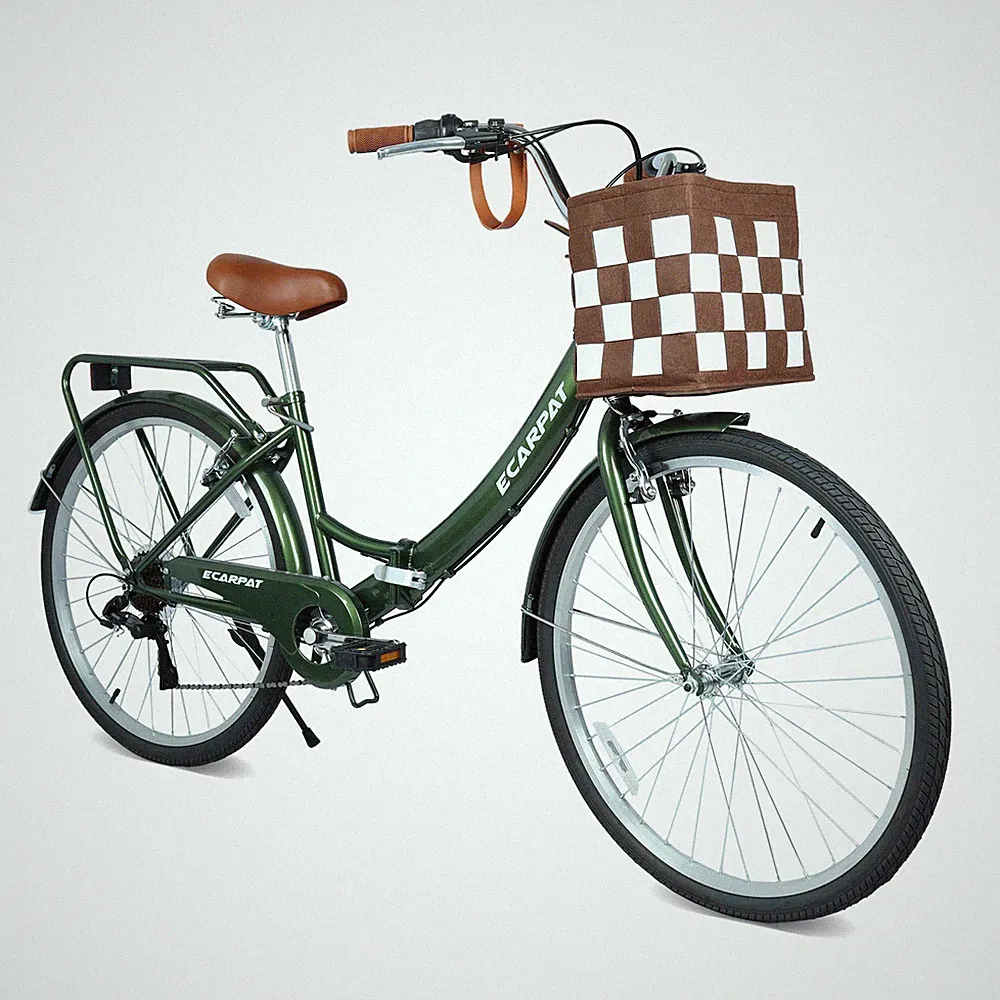 26" Steel Frame Folding City Bike, 7 Speed, w/ Basket & Cup Holder, Multi-Color