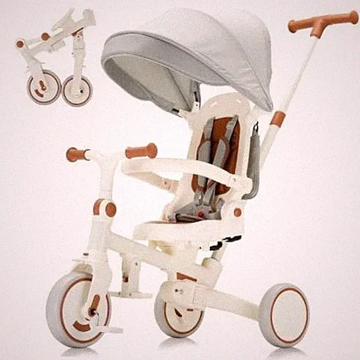 7-in-1 Toddler Tricycle with Parent Push Handle & Canopy - Beige - Foldable