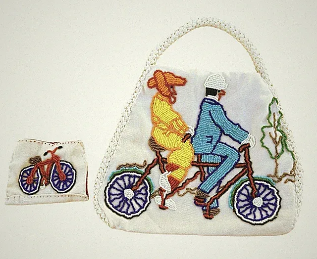 Beaded Handbag Purse Set Tandem Bicycle w Coin Pouch Handmade