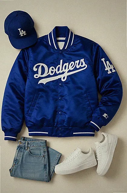 Dodgers Navy Satin Varsity Bomber Jacket LA Baseball Bomber Unisex Jacket