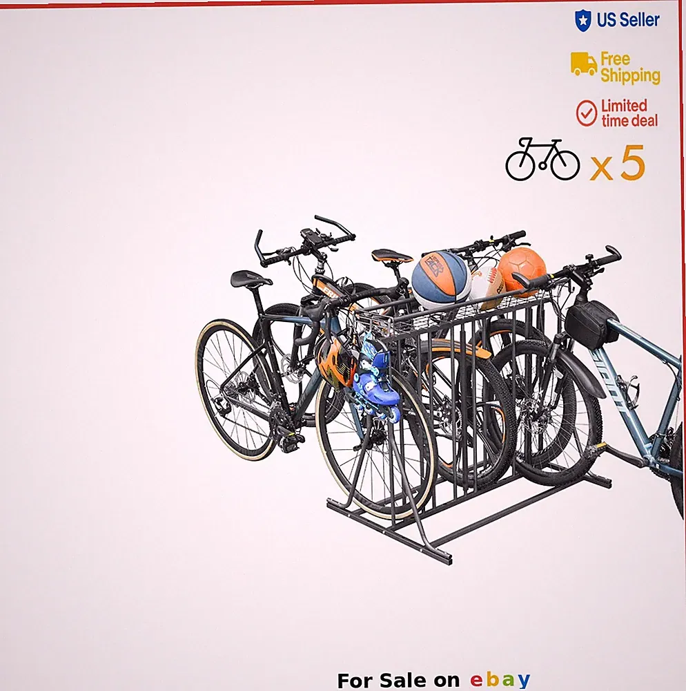Freestanding Adjustable Multi-Use Bike Rack for 5 Bikes Black Outdoor Storage