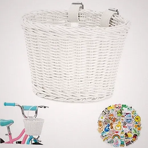 Kids Bike Basket Front,Hand-Woven Multi-Color Boys Girls Front Bicycle White