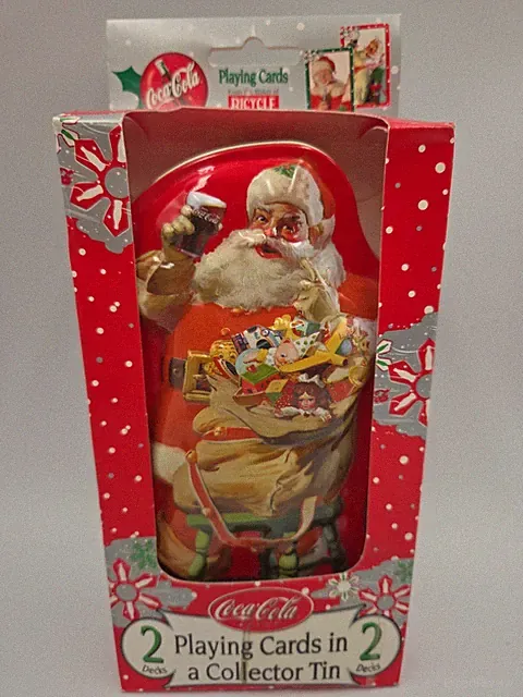 VINTAGE COCA COLA SANTA TIN 2 PACKS BICYCLE BRAND PLAYING CARDS